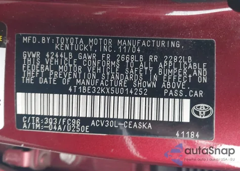 2005 Toyota Camry Se из США, поврежденный, VIN 4T1BE32KX5U014252